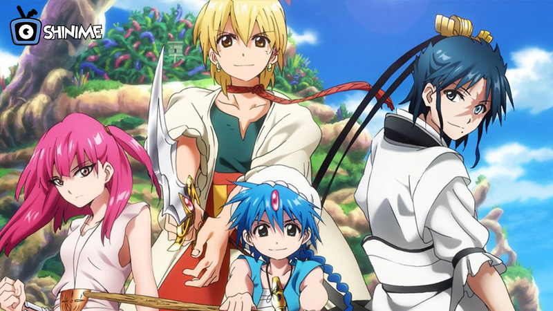 Main trio from Magi: The Labyrinth of Magic in a vibrant magical fantasy anime setting