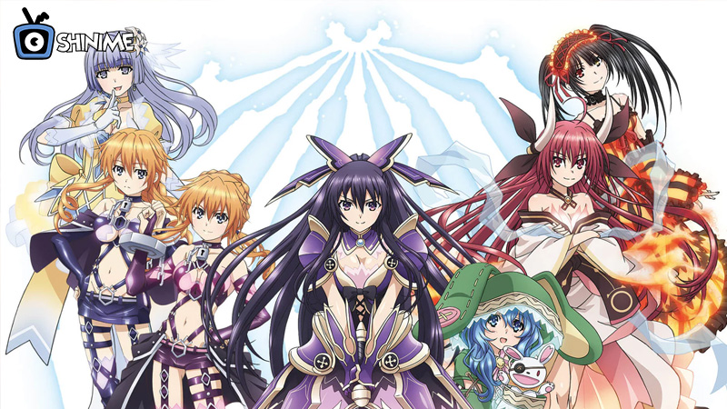 Shidou and Spirits from Date A Live in a colorful sci-fi action harem anime scene