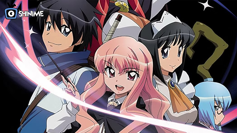 Louise and Saito in The Familiar of Zero, a magical school action harem anime