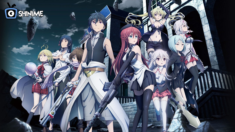 Arata surrounded by elite mages in Trinity Seven action harem anime setting
