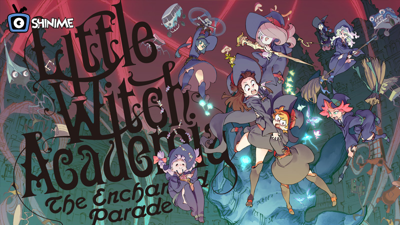 Akko and classmates flying high at Luna Nova in a whimsical magical fantasy anime