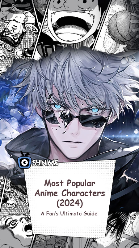 Most popular anime characters 2024: Gojo with cracked shades and manga collage in dramatic blue tone