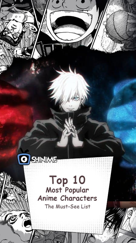 Top 10 most popular anime characters featuring Gojo with manga collage and cosmic energy