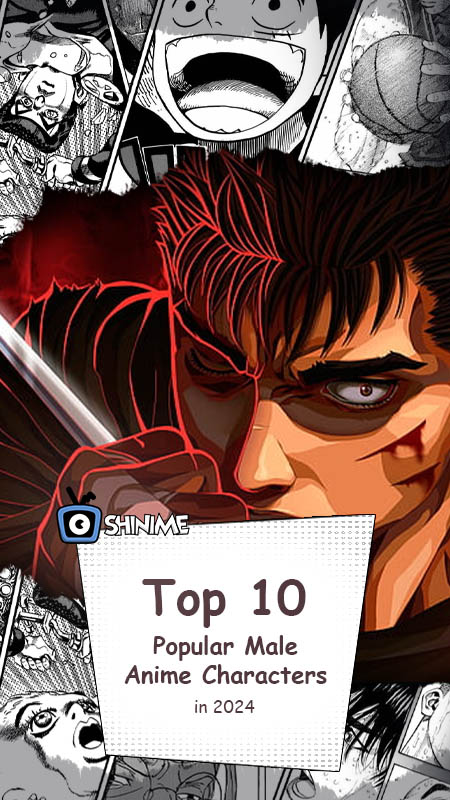 Popular anime characters male: Guts in manga collage, red glow and title card for top 10 list in 2024
