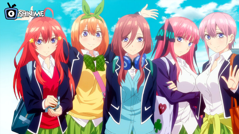 The Nakano sisters from The Quintessential Quintuplets in a colorful high school harem anime