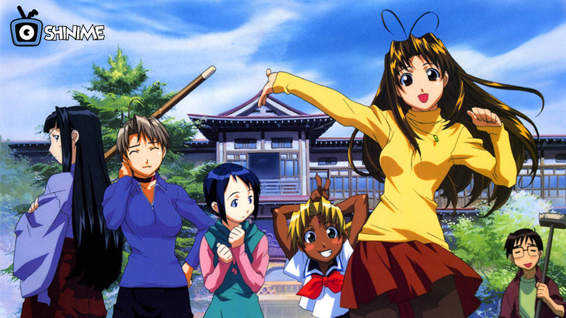 Love Hina cast in front of the dormitory, a nostalgic harem anime with heartfelt comedy