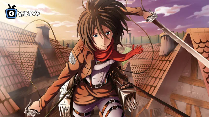 Popular anime characters female: Mikasa mid-air with dual blades and red scarf flying over rooftops