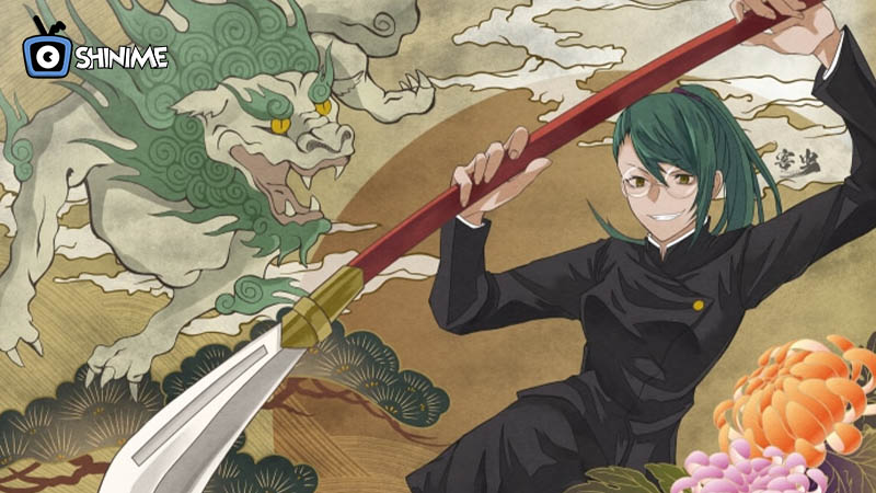 Popular anime characters female: Maki Zenin smiling with long spear and traditional lion mural background