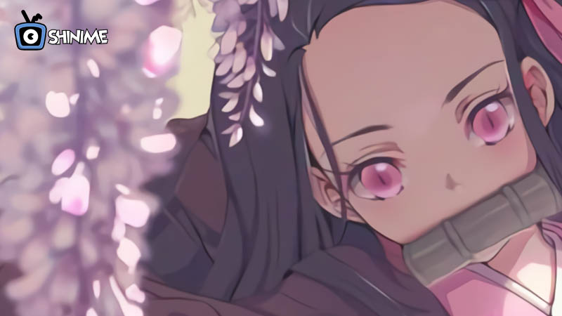Popular anime characters female: Nezuko close-up with bamboo muzzle and soft pink eyes under blossoms