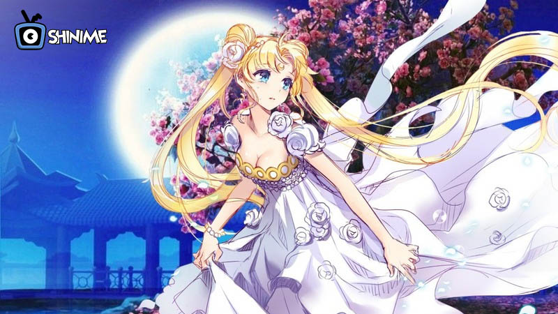 Popular anime characters female: Sailor Moon in flowing white dress under moonlight and cherry blossoms