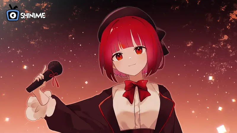 Popular anime characters female: Kana Arima with red idol outfit, holding mic with soft smile