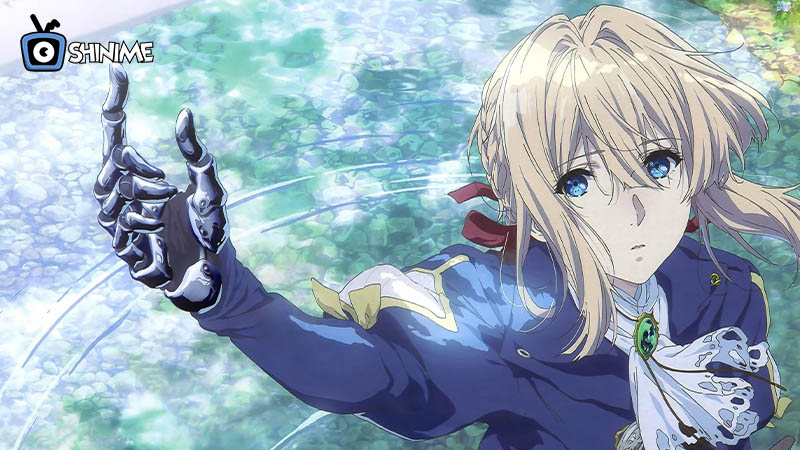 Popular anime characters female: Violet in blue dress with metal arm, reaching over reflective water