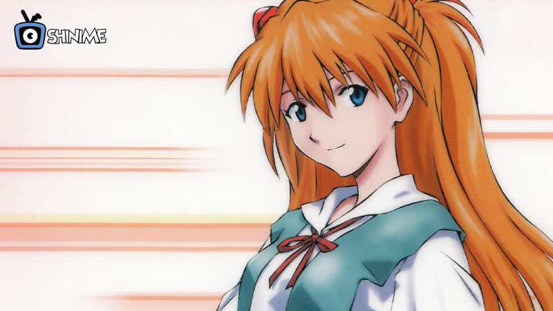 Popular anime characters female: Asuka with long orange hair in school uniform, facing forward