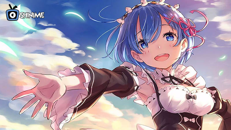 Popular anime characters female: Rem reaching out joyfully in black and white maid dress at sunset