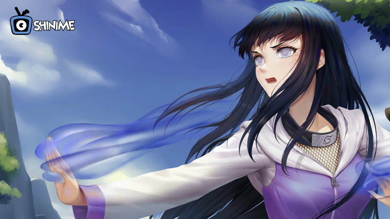 Popular anime characters female: Hinata activating Byakugan with chakra glow in battle stance