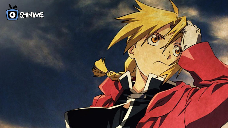 Most Popular anime characters of all time: Edward Elric in red coat gazing at sky with automail arm exposed
