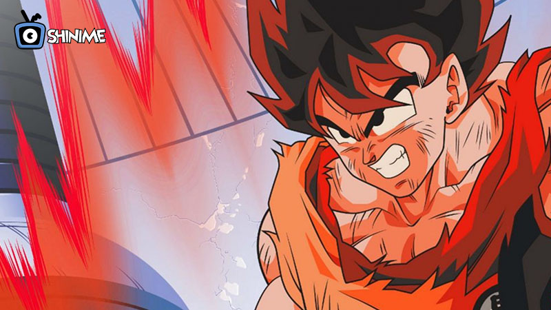 Most Popular anime characters of all time: Goku powering up in Kaioken form with red aura and fierce expression