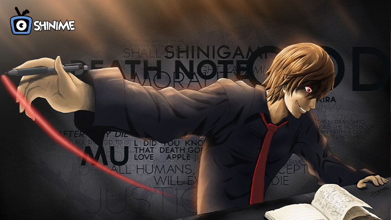 Most Popular anime characters of all time: Light Yagami writing in Death Note with red glow and dark background