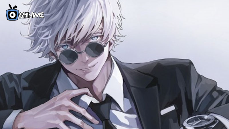 Most Popular anime characters of all time: Satoru Gojo in black suit with white hair and shades smirking