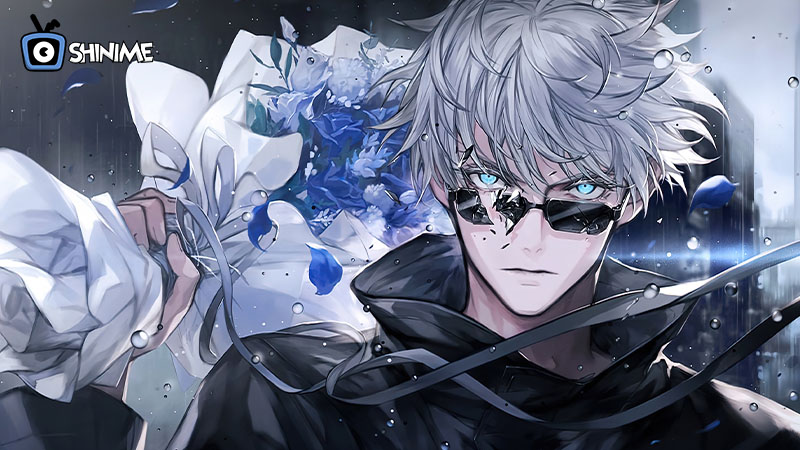 Most popular anime characters 2024: Gojo holding blue flowers in rain with broken sunglasses