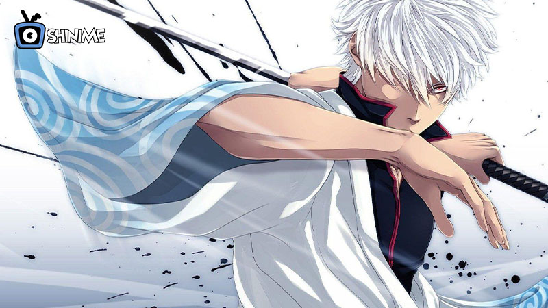 Most popular anime characters 2024: Gintoki in mid-slash pose with white yukata and wooden sword