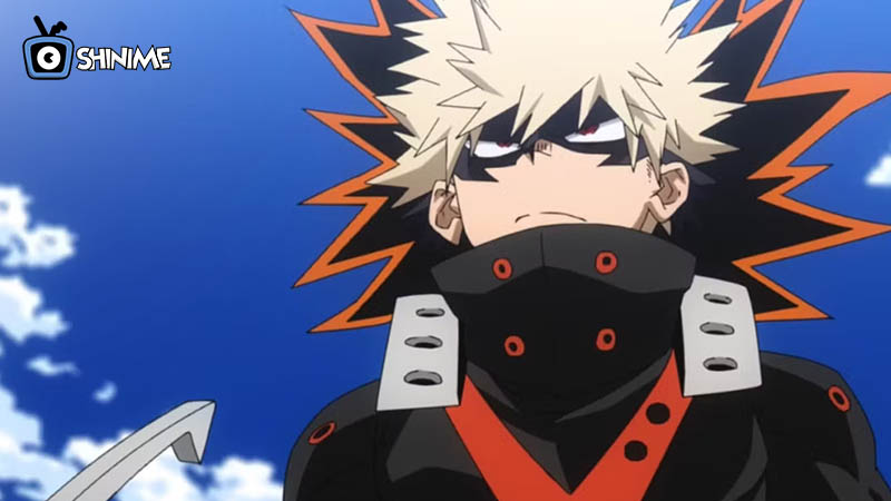 Most popular anime characters 2024: Bakugo with spiky blonde hair in hero suit and cloud-filled sky