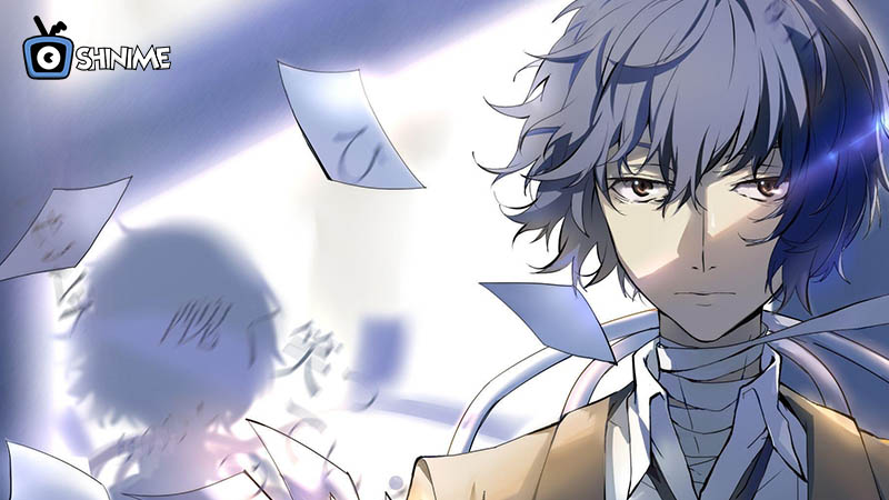 Most popular anime characters 2024: Dazai with bandages and fluttering papers in soft white light