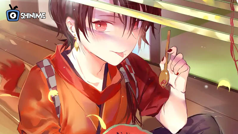 Most popular anime characters 2024: Kashuu Kiyomitsu smiling in red hoodie and eating watermelon