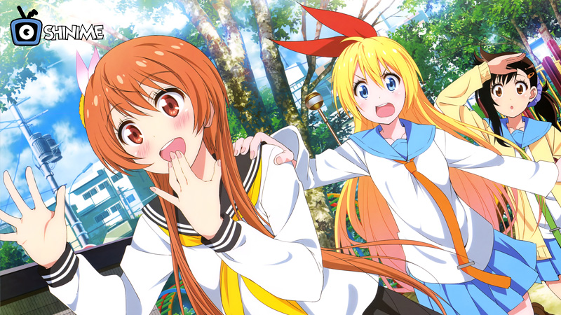 Raku and the girls from Nisekoi in a high school romance harem anime with comedy twists