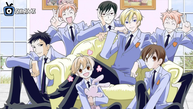 Haruhi and the host club boys from Ouran High School in a reverse romance harem anime