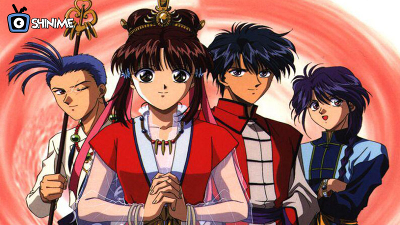 Miaka with celestial warriors in Fushigi Yuugi, a classic fantasy reverse harem anime