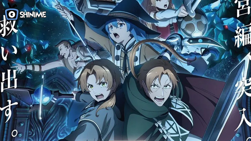 Rudeus with Roxy and Sylphiette in Mushoku Tensei, a standout harem anime 2024 scene.