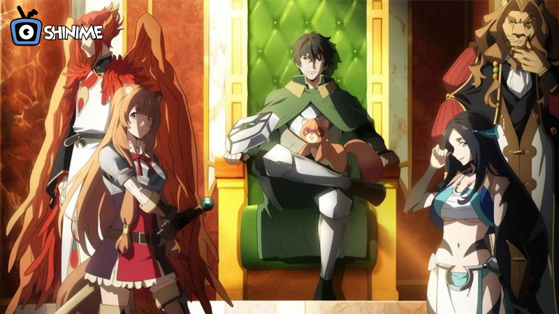 Shield Hero Season 4 visual with Naofumi, Raphtalia, and Filo in fantasy harem anime 2025.