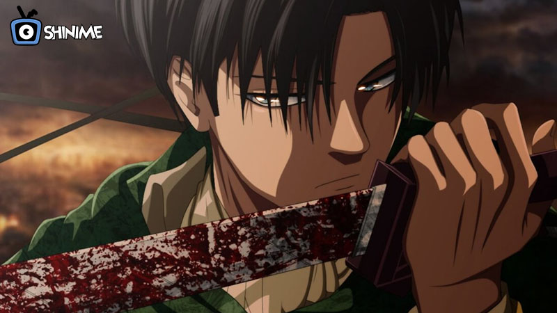 Popular Anime Characters 2025: Levi Ackerman holding bloody sword with fierce gaze