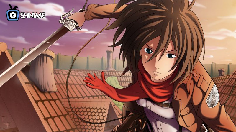 Popular Anime Characters 2025: Mikasa Ackerman leaping with sword in Attack on Titan