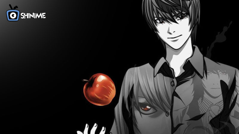 Popular Anime Characters 2025: Light Yagami holding red apple in Death Note black background