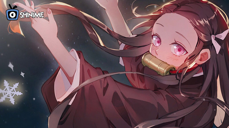 Popular Anime Characters 2025: Nezuko Kamado flying with snowflake in Demon Slayer