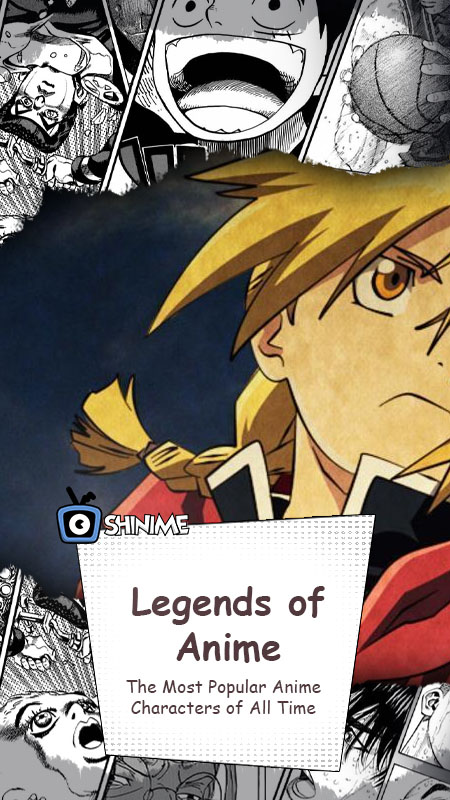 Most Popular anime characters of all time: Edward Elric in red coat with manga collage background and title card