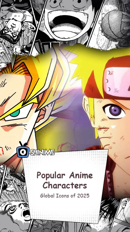 Popular Anime Characters collage featuring Naruto, Goku, Luffy, and manga panels, global anime icons 2025