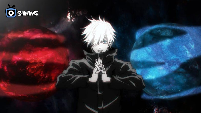 Top 10 most popular anime characters: Gojo with white hair, casting Limitless move, red and blue spheres