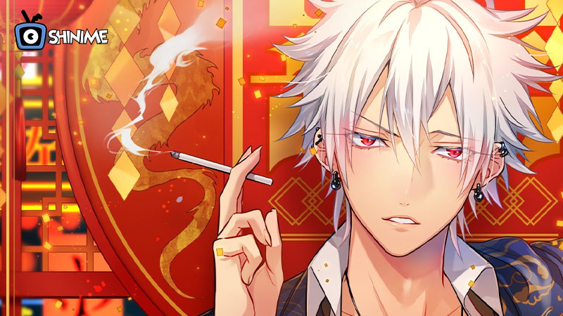 Top 10 most popular anime characters: Samatoki with cigarette, silver hair, red eyes and golden dragon backdrop