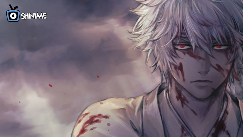 Top 10 most popular anime characters: Gintoki bloodied and emotionless under a cloudy battlefield sky