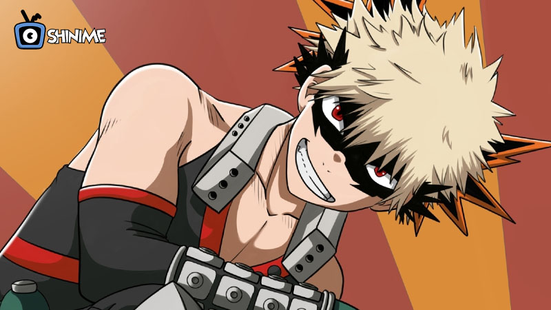 Top 10 most popular anime characters: Bakugo smirking confidently with spiky hair and grenade gauntlets