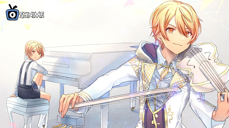 Top 10 most popular anime characters: Tsukasa playing violin in white and gold stage outfit with piano