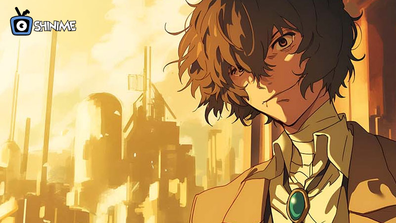 Top 10 most popular anime characters: Dazai in tan coat with cityscape background, messy hair and sharp gaze