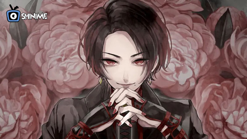 Top 10 most popular anime characters: Kashu with intense red eyes, floral backdrop, and laced gloves