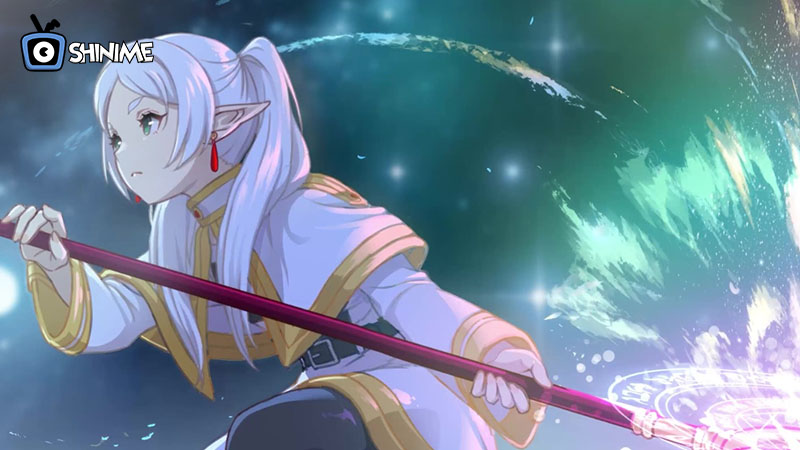 Frieren en pose mágica con bastón y hechizos, parte del top 10 most popular anime characters 2024