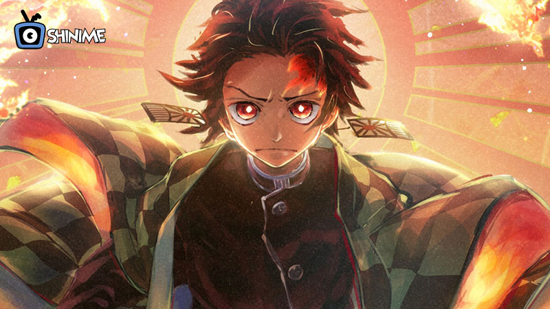 Tanjiro con expresión seria y fondo dorado, clásico entre top 10 most popular anime characters 2024