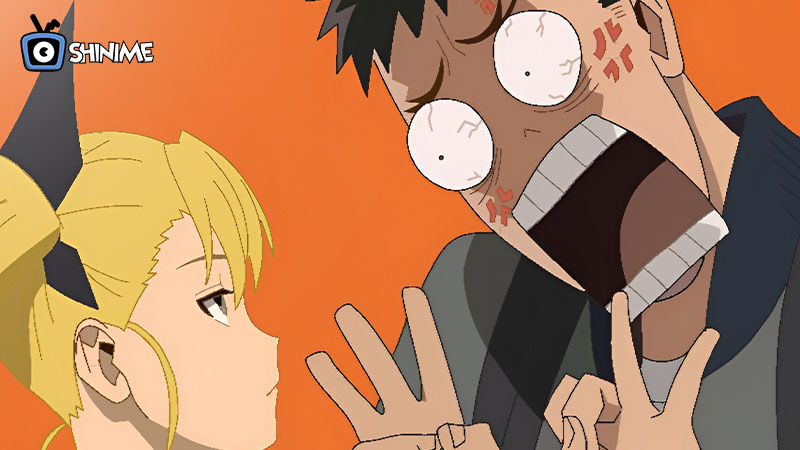 Kafka asustado junto a mujer rubia, escena divertida del anime Kaiju No. 8 en ranking 2024