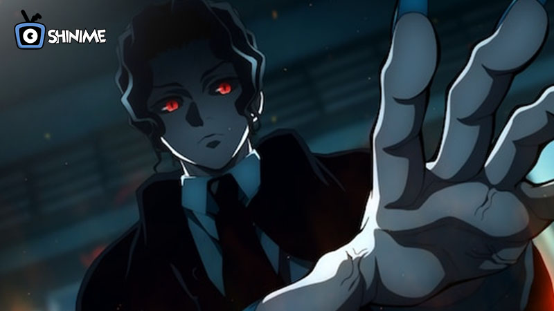 Muzan extendiendo mano con mirada roja y fondo oscuro, villano temible entre powerful anime characters